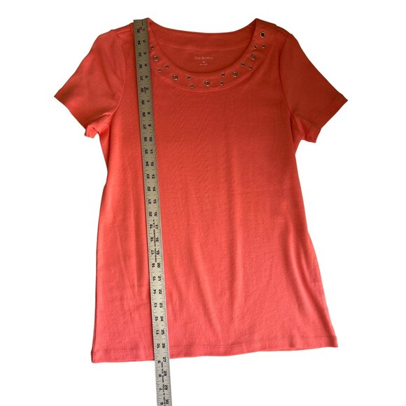 Kim Rogers Salmon Short Sleeve Top With Silver Circular Neckline Design, Med. - Picture 7 of 7